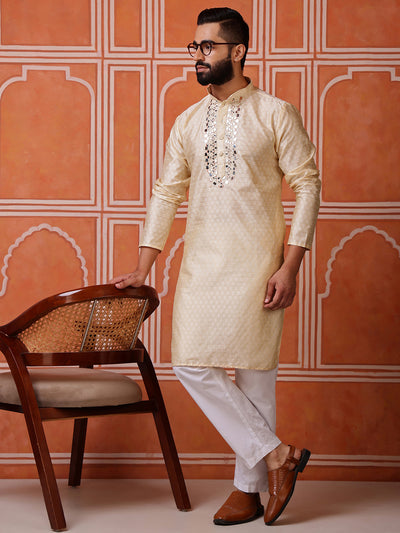 Beige Jacquard Kurta with Mirror Work