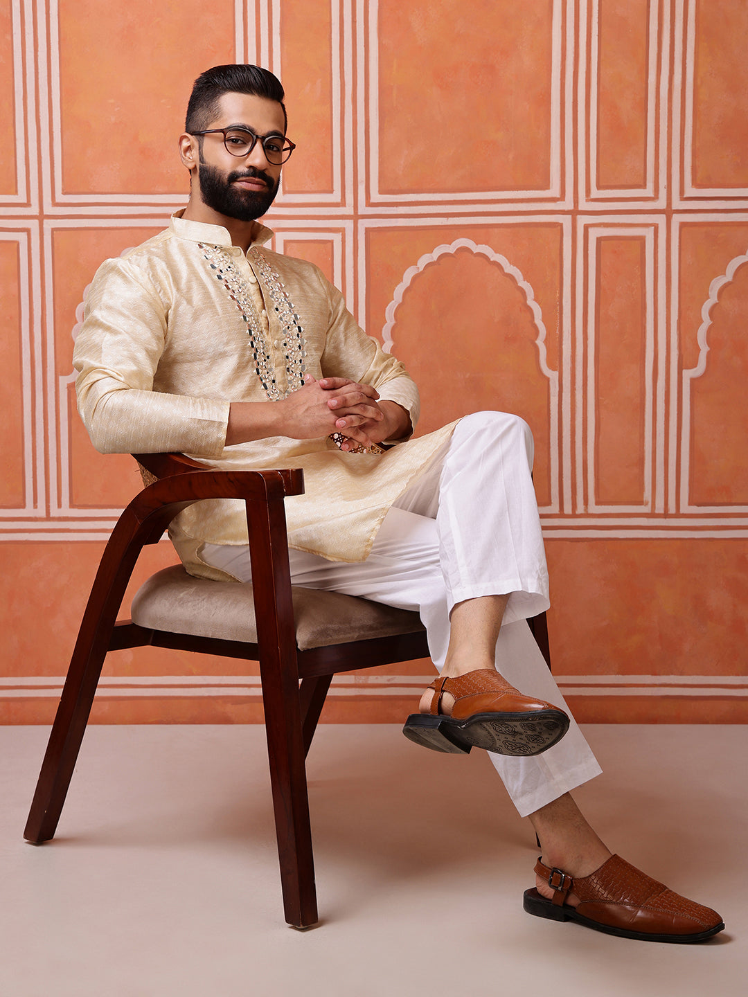 Beige Jacquard Kurta with Mirror Work