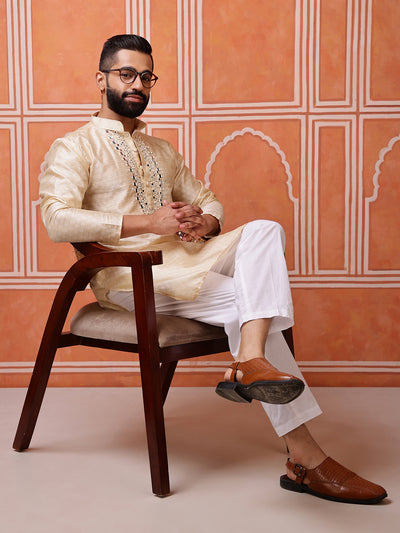 Beige Jacquard Kurta with Mirror Work