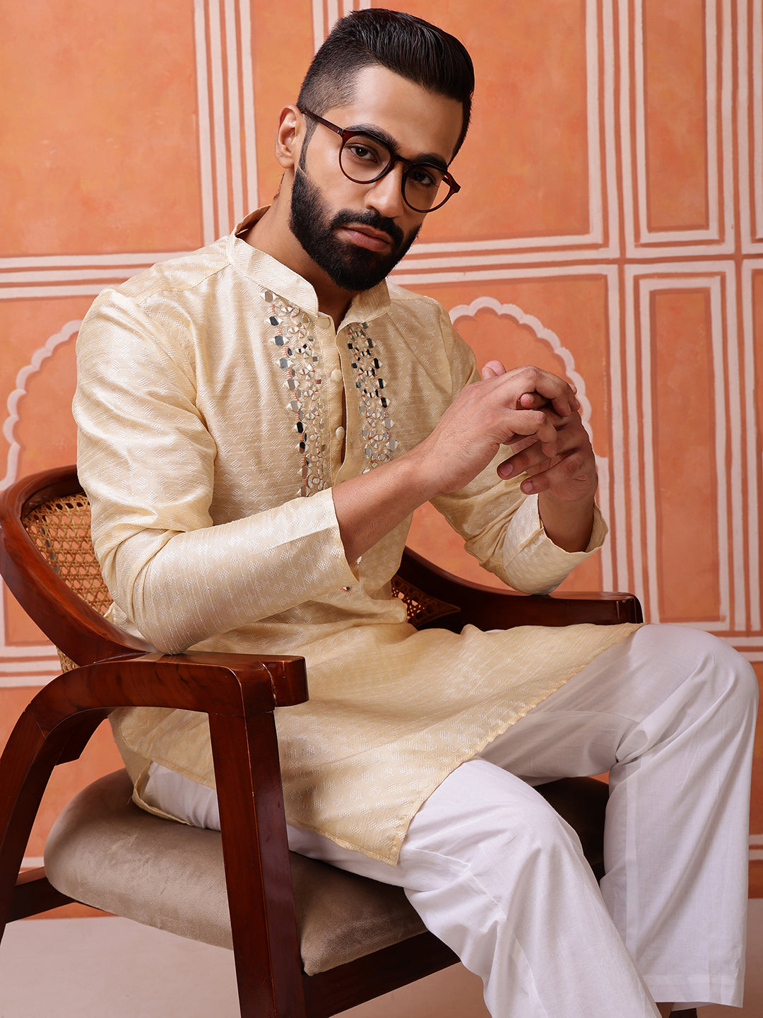 Beige Jacquard Kurta with Mirror Work