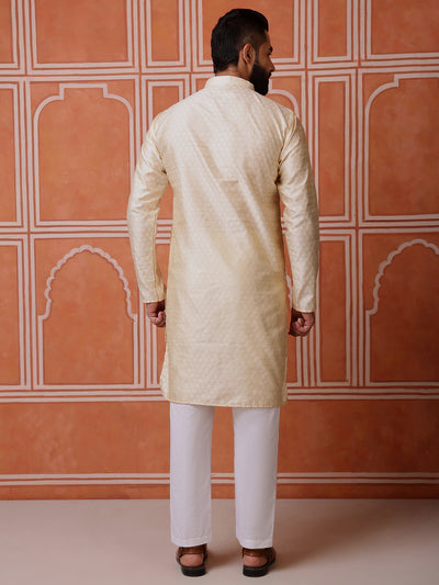 Beige Jacquard Kurta with Mirror Work