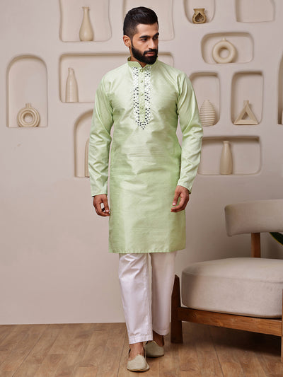 Green Jacquard Kurta with Mirror Work