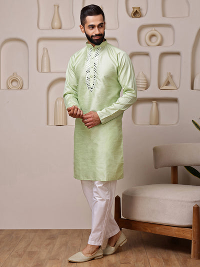 Green Jacquard Kurta with Mirror Work