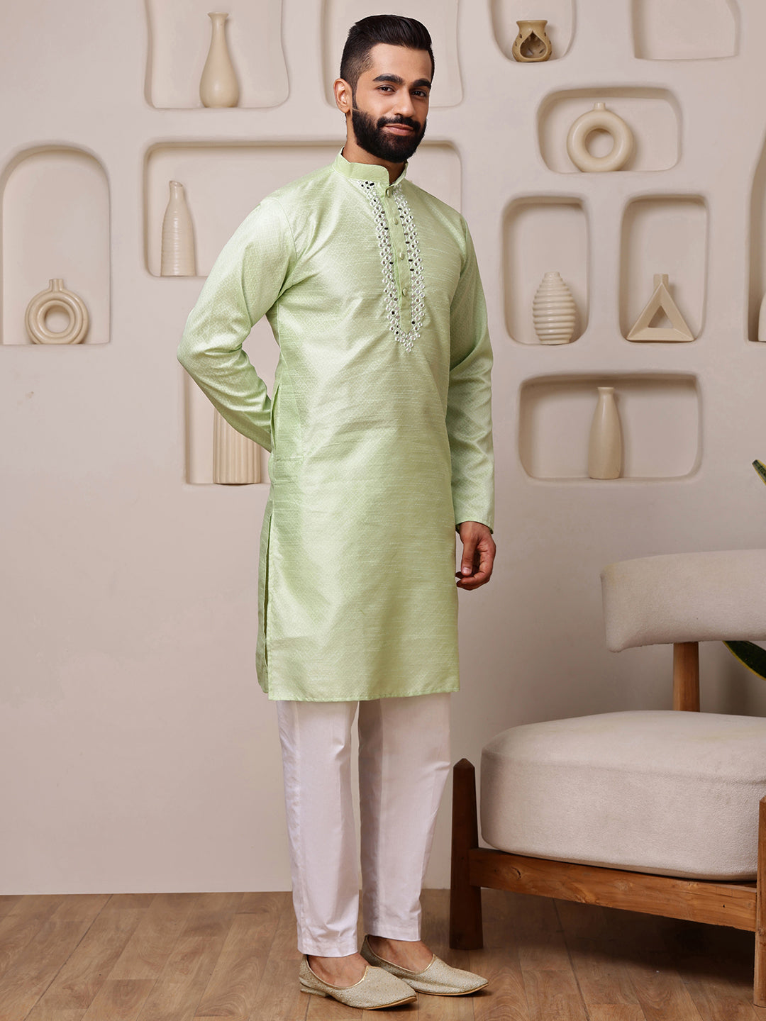 Green Jacquard Kurta with Mirror Work