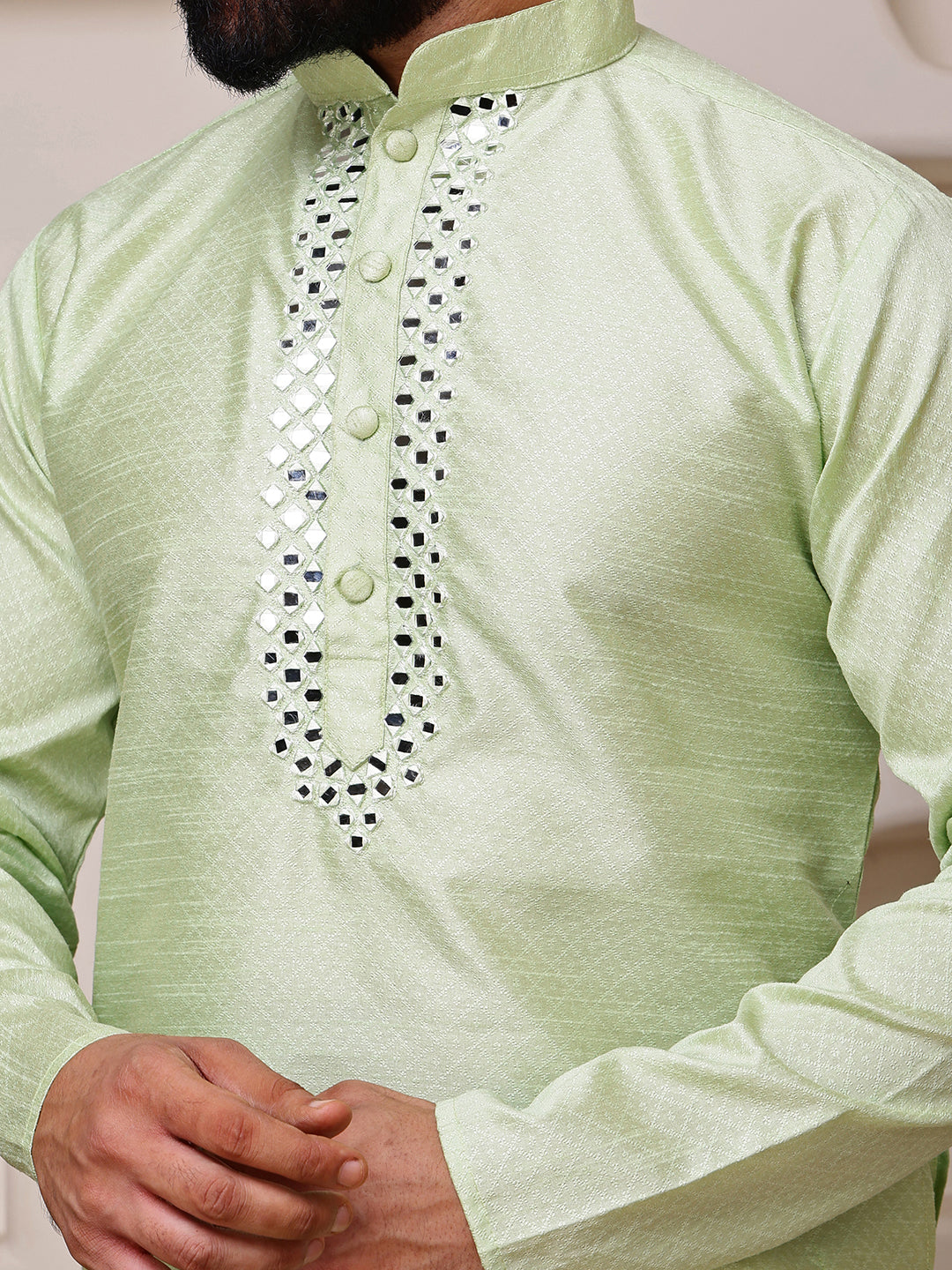 Green Jacquard Kurta with Mirror Work
