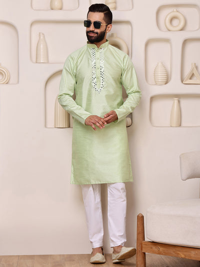 Green Jacquard Kurta with Mirror Work