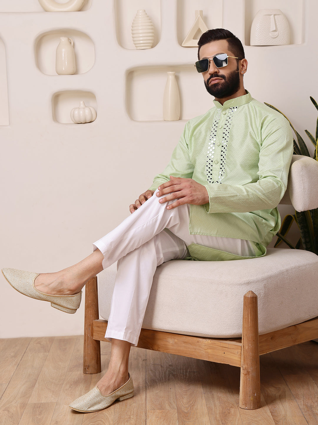 Green Jacquard Kurta with Mirror Work