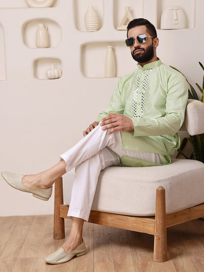 Green Jacquard Kurta with Mirror Work