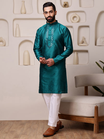 Teal Jacquard Kurta with Mirror Work