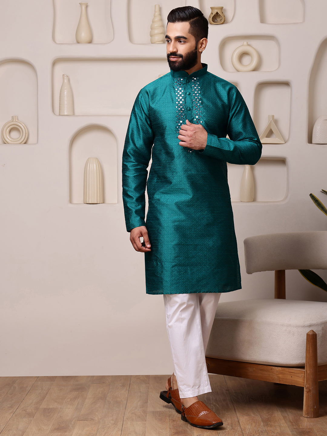 Teal Jacquard Kurta with Mirror Work