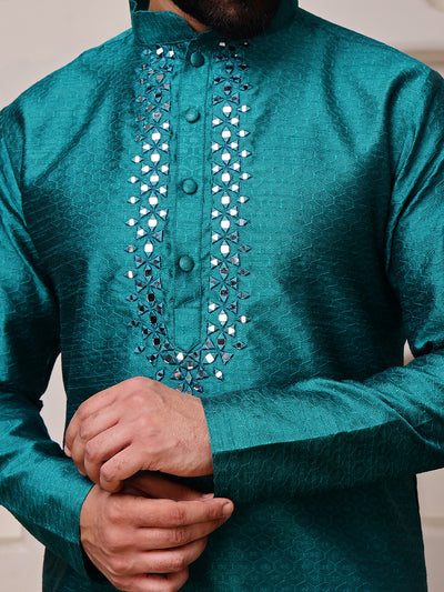 Teal Jacquard Kurta with Mirror Work
