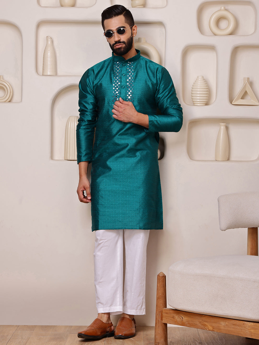 Teal Jacquard Kurta with Mirror Work