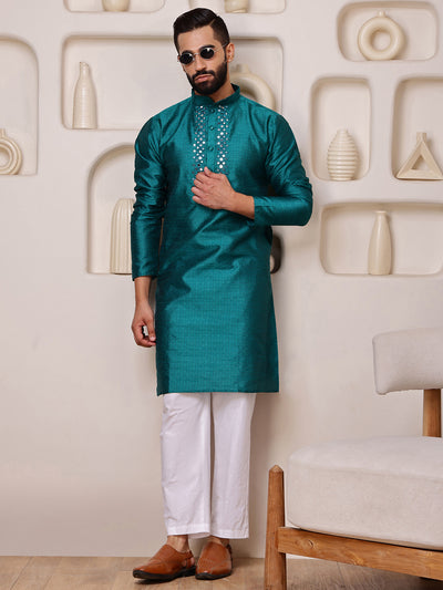 Teal Jacquard Kurta with Mirror Work