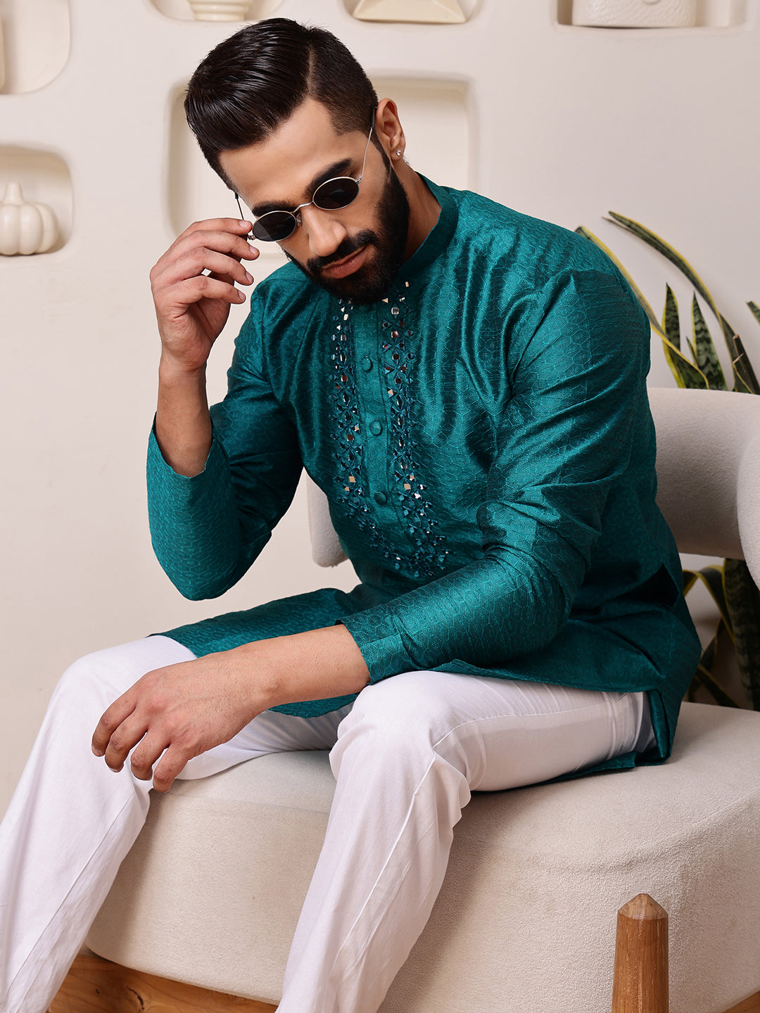 Teal Jacquard Kurta with Mirror Work