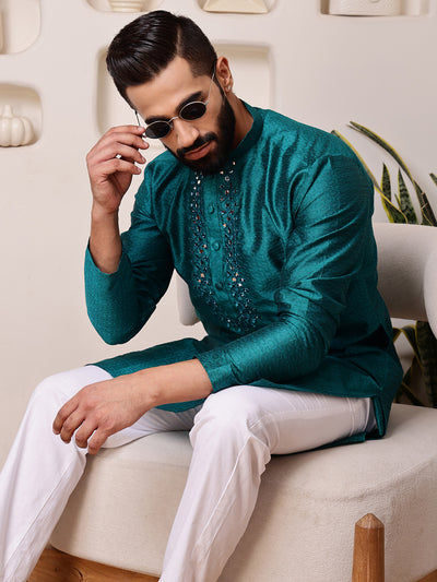 Teal Jacquard Kurta with Mirror Work