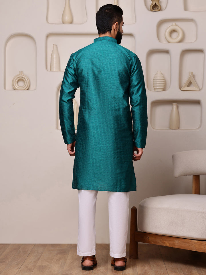 Teal Jacquard Kurta with Mirror Work