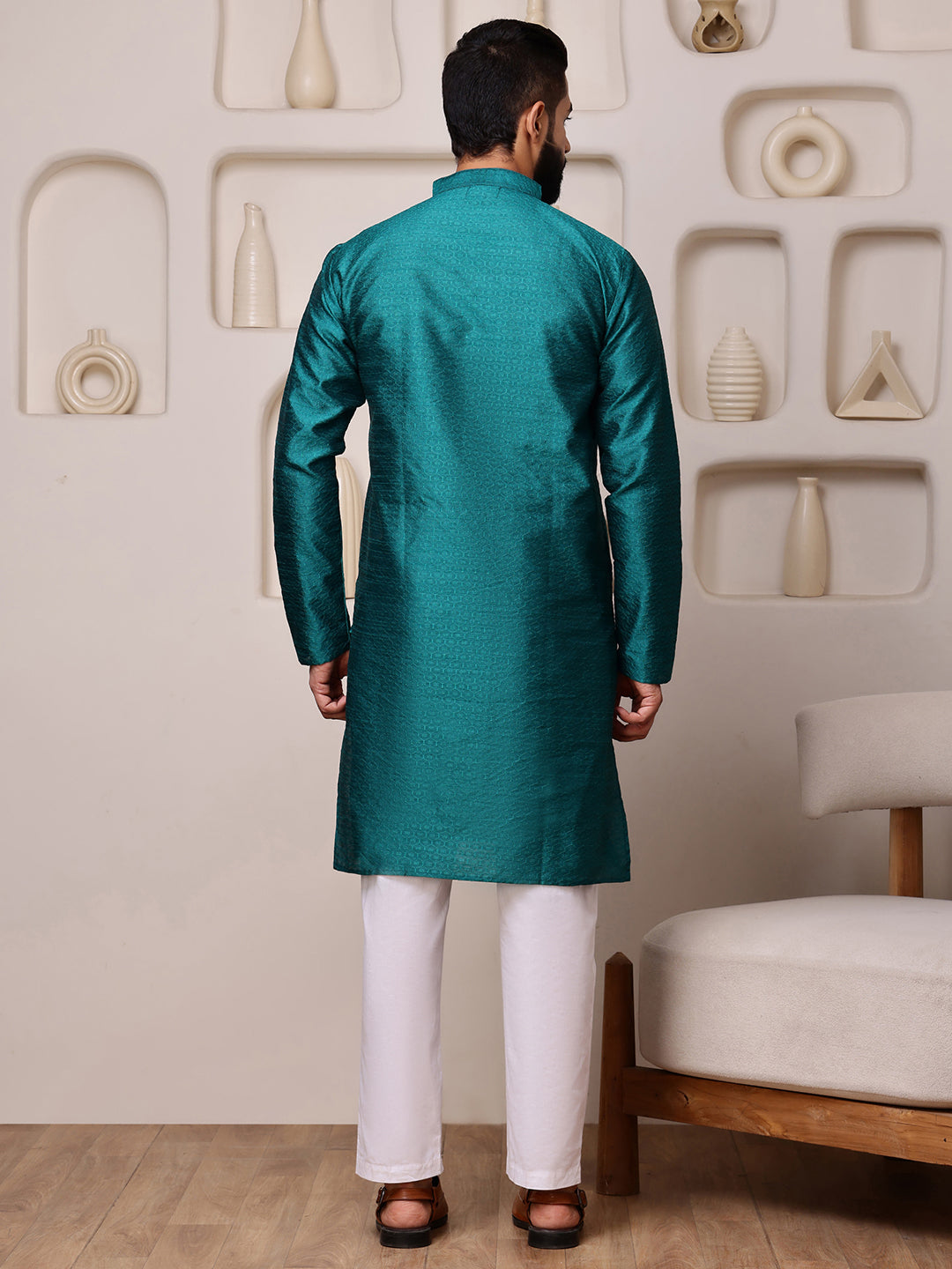 Teal Jacquard Kurta with Mirror Work
