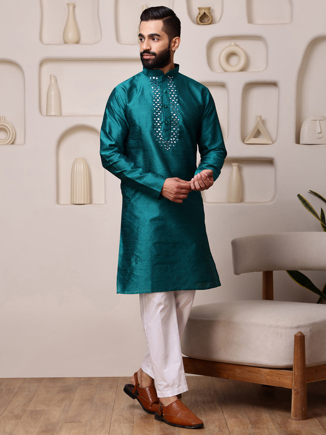 Teal Jacquard Kurta with Mirror Work