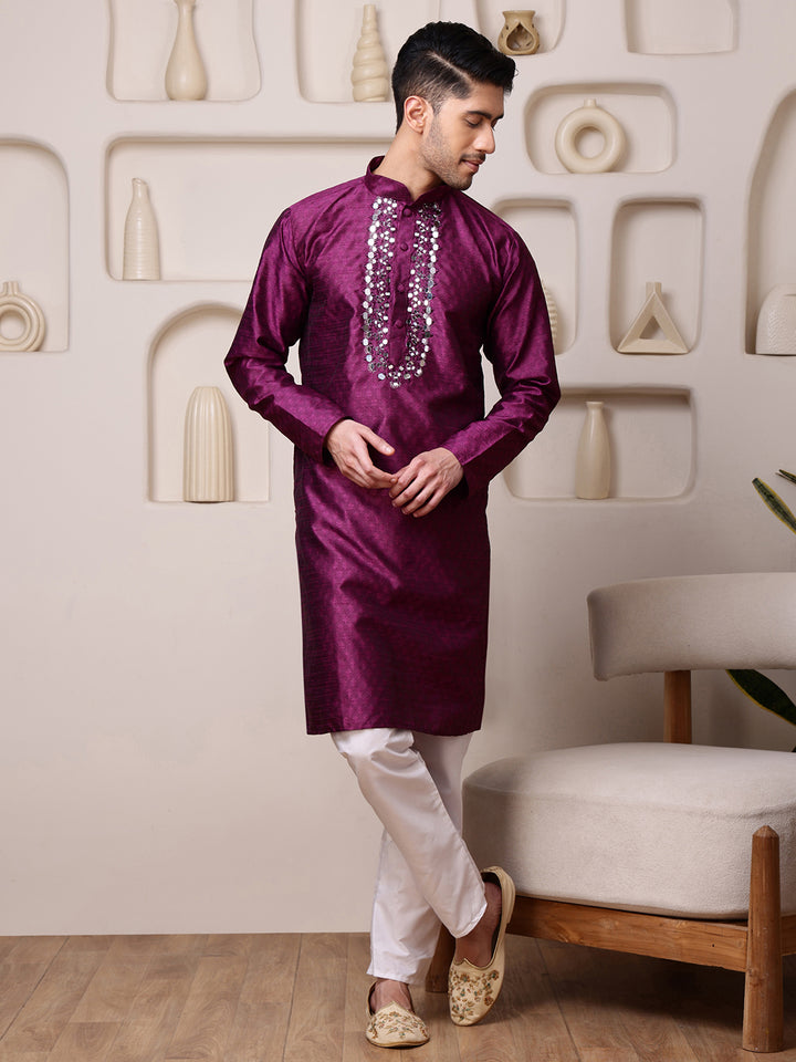 Wine Jacquard Kurta with Mirror Work