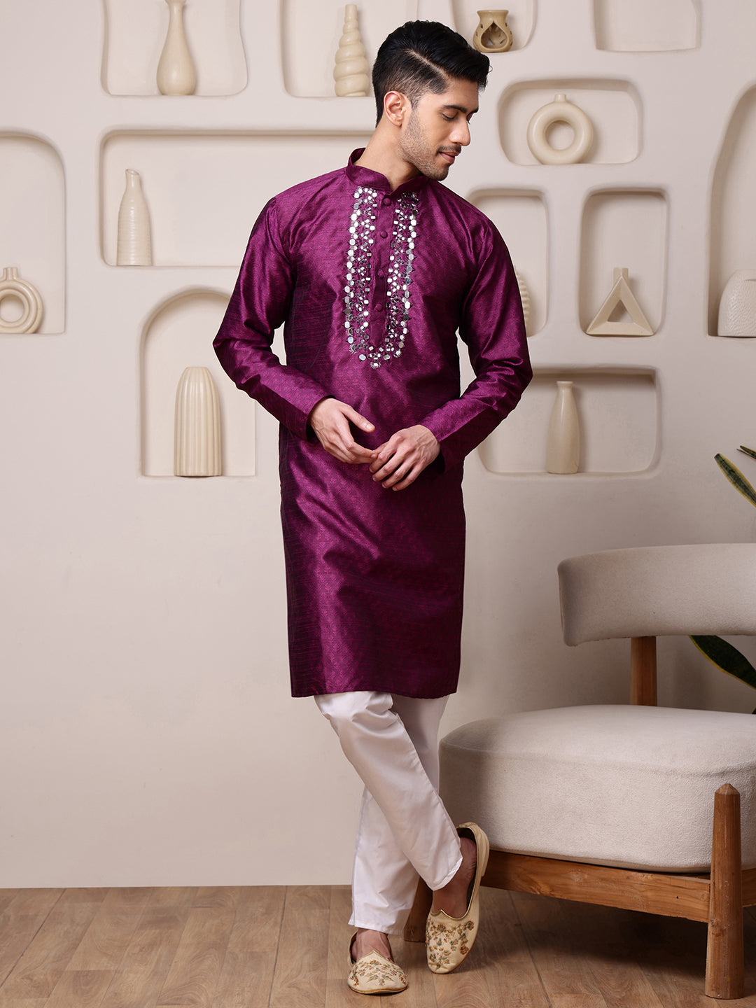 Wine Jacquard Kurta with Mirror Work