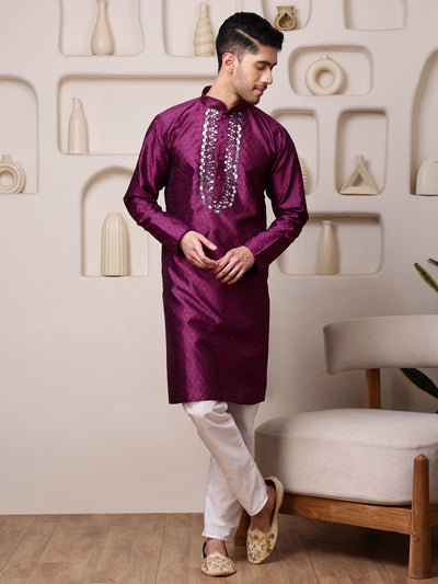 Wine Jacquard Kurta with Mirror Work