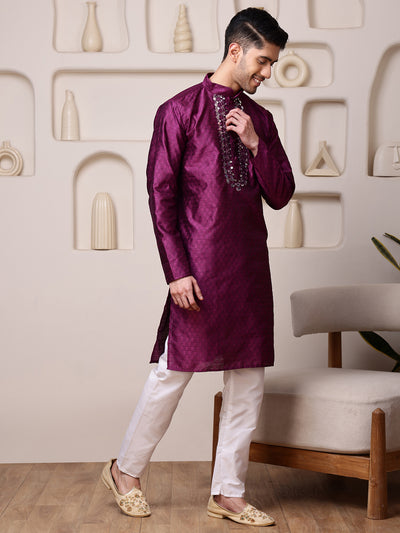Wine Jacquard Kurta with Mirror Work