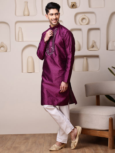 Wine Jacquard Kurta with Mirror Work