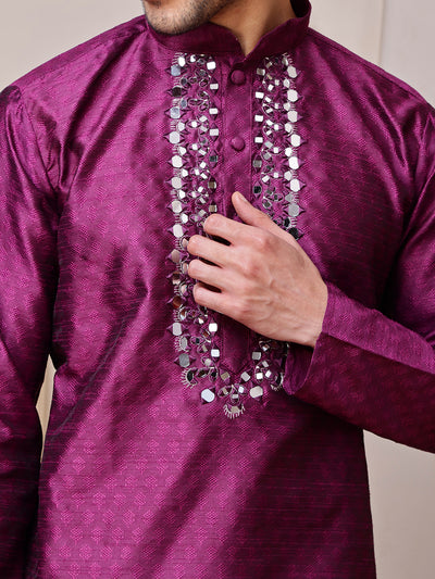 Wine Jacquard Kurta with Mirror Work
