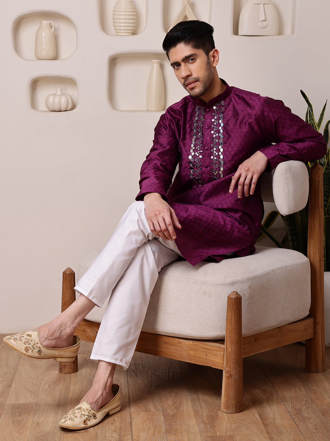 Wine Jacquard Kurta with Mirror Work
