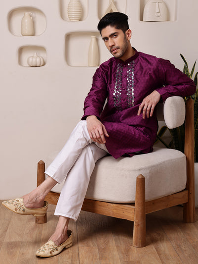 Wine Jacquard Kurta with Mirror Work