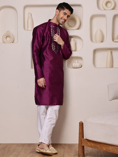 Wine Jacquard Kurta with Mirror Work