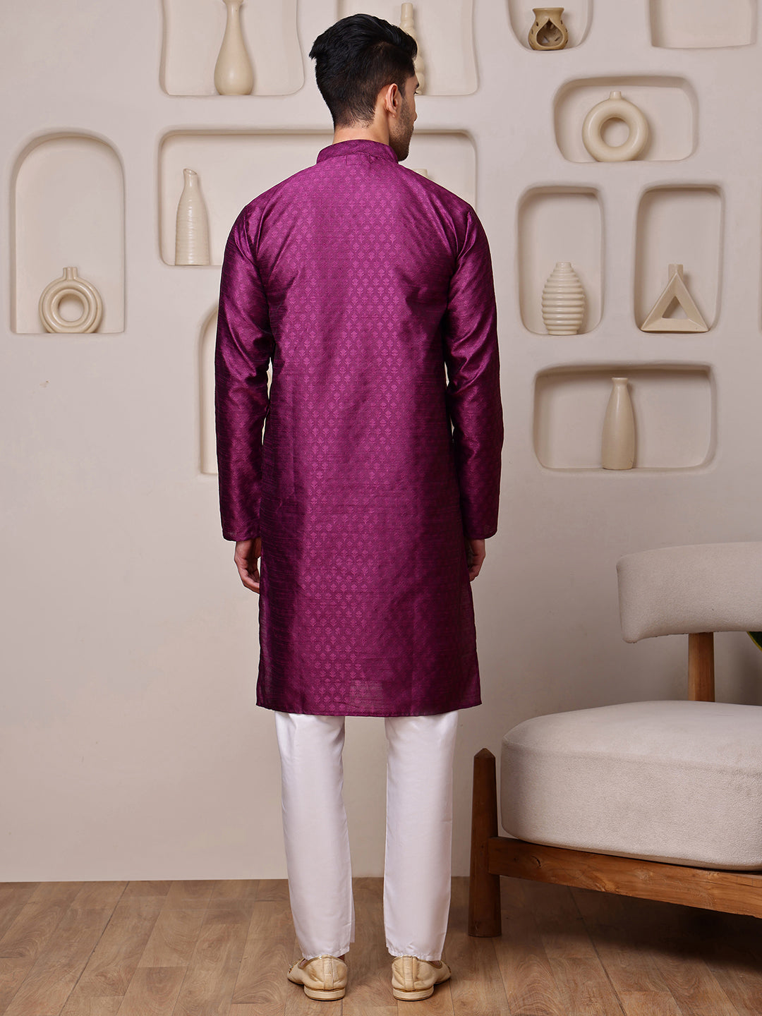 Wine Jacquard Kurta with Mirror Work