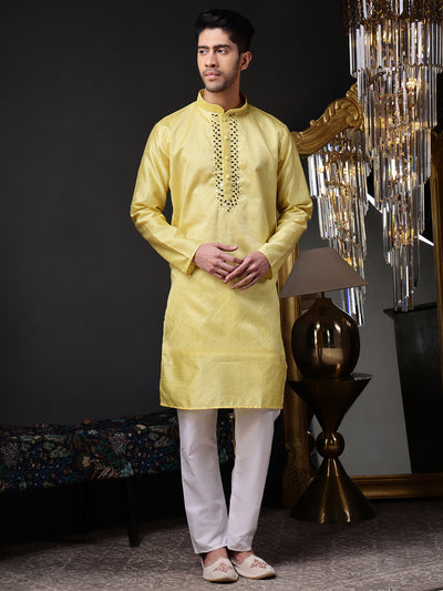 Yellow Jacquard Kurta with Mirror Work