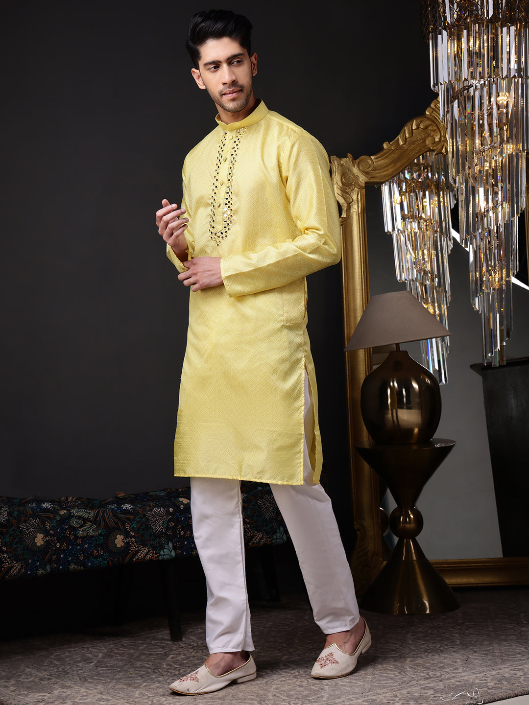 Yellow Jacquard Kurta with Mirror Work