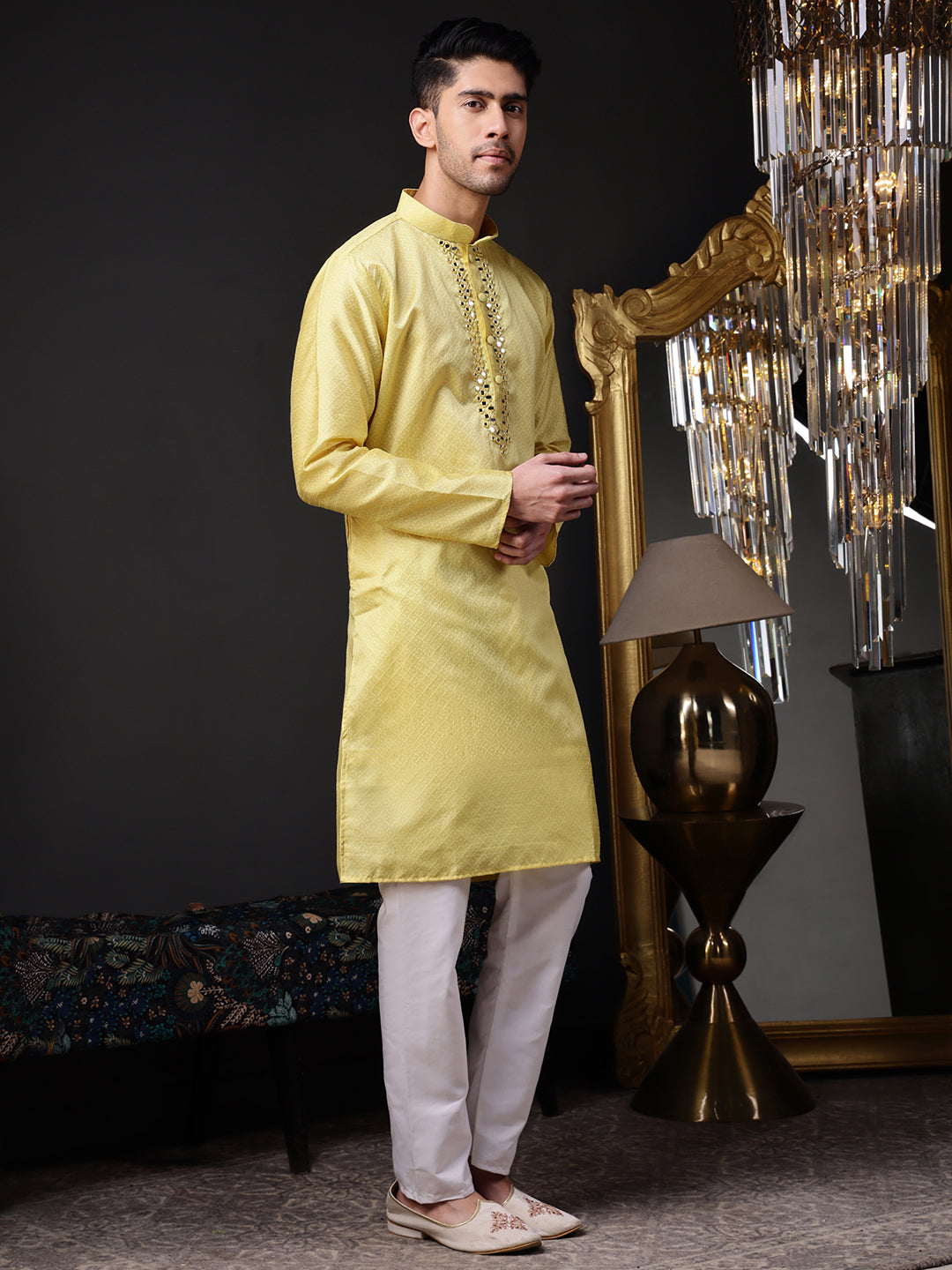 Yellow Jacquard Kurta with Mirror Work