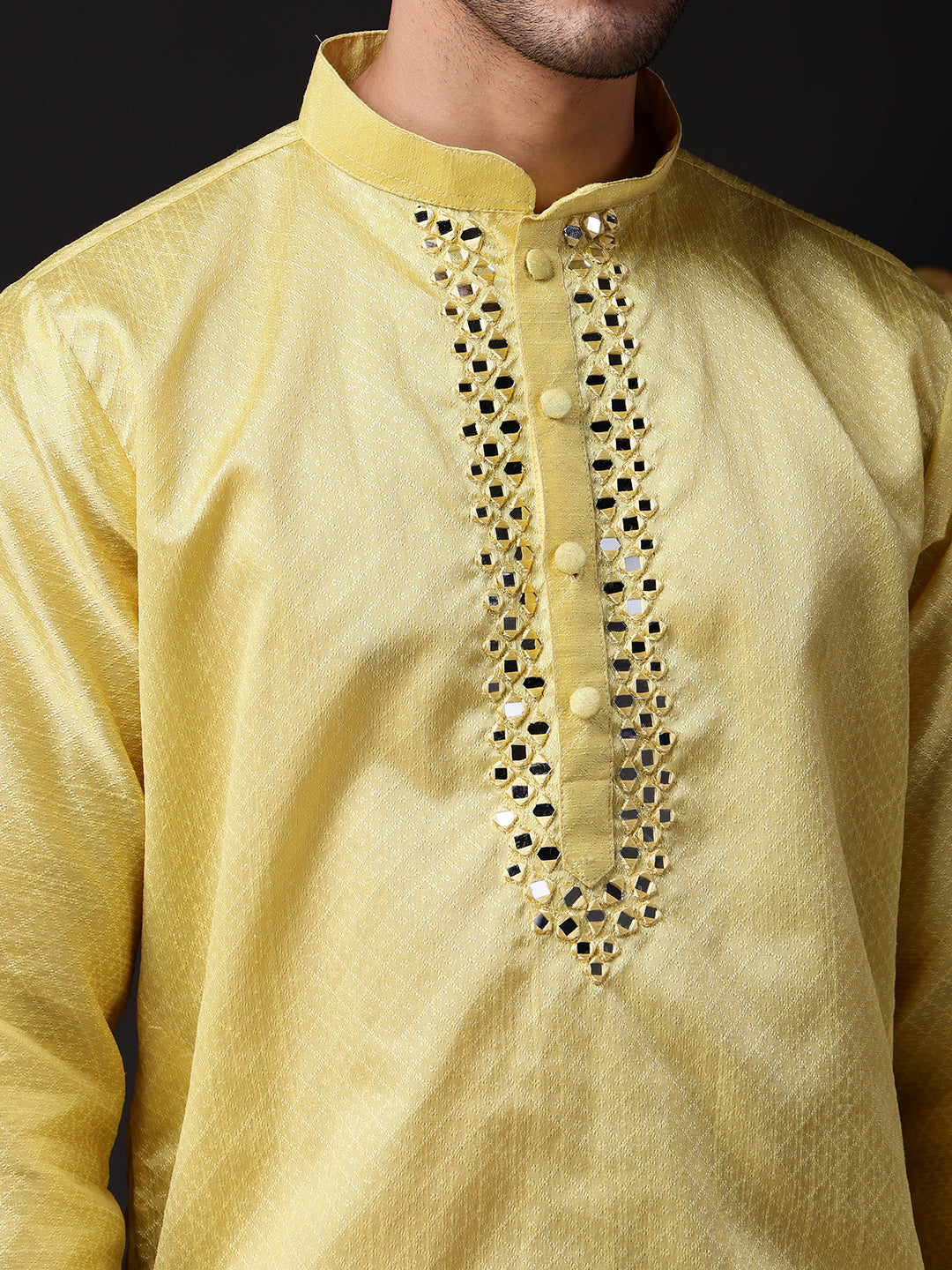 Yellow Jacquard Kurta with Mirror Work