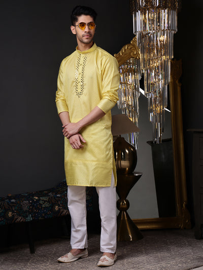 Yellow Jacquard Kurta with Mirror Work