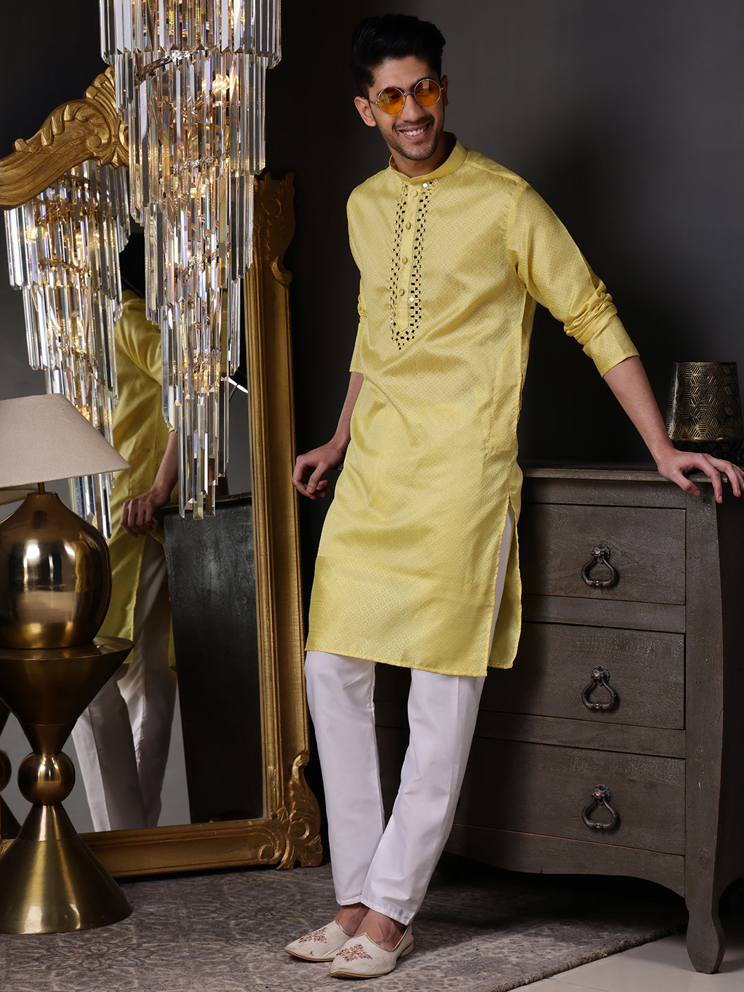 Yellow Jacquard Kurta with Mirror Work