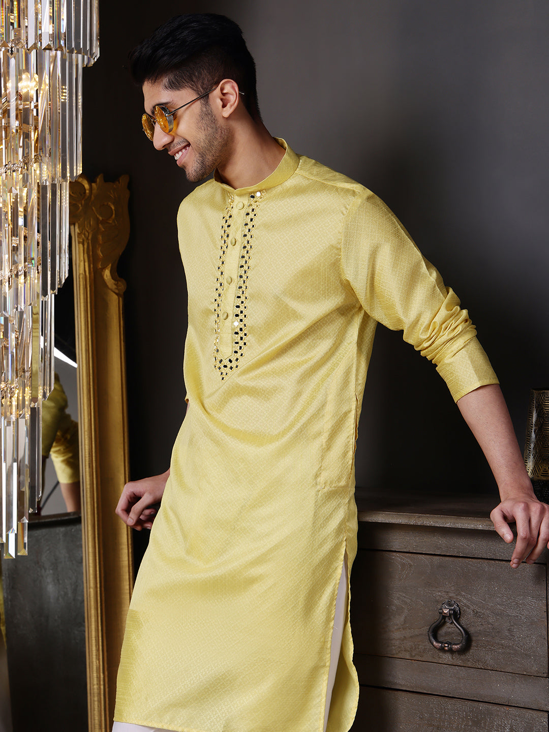 Yellow Jacquard Kurta with Mirror Work