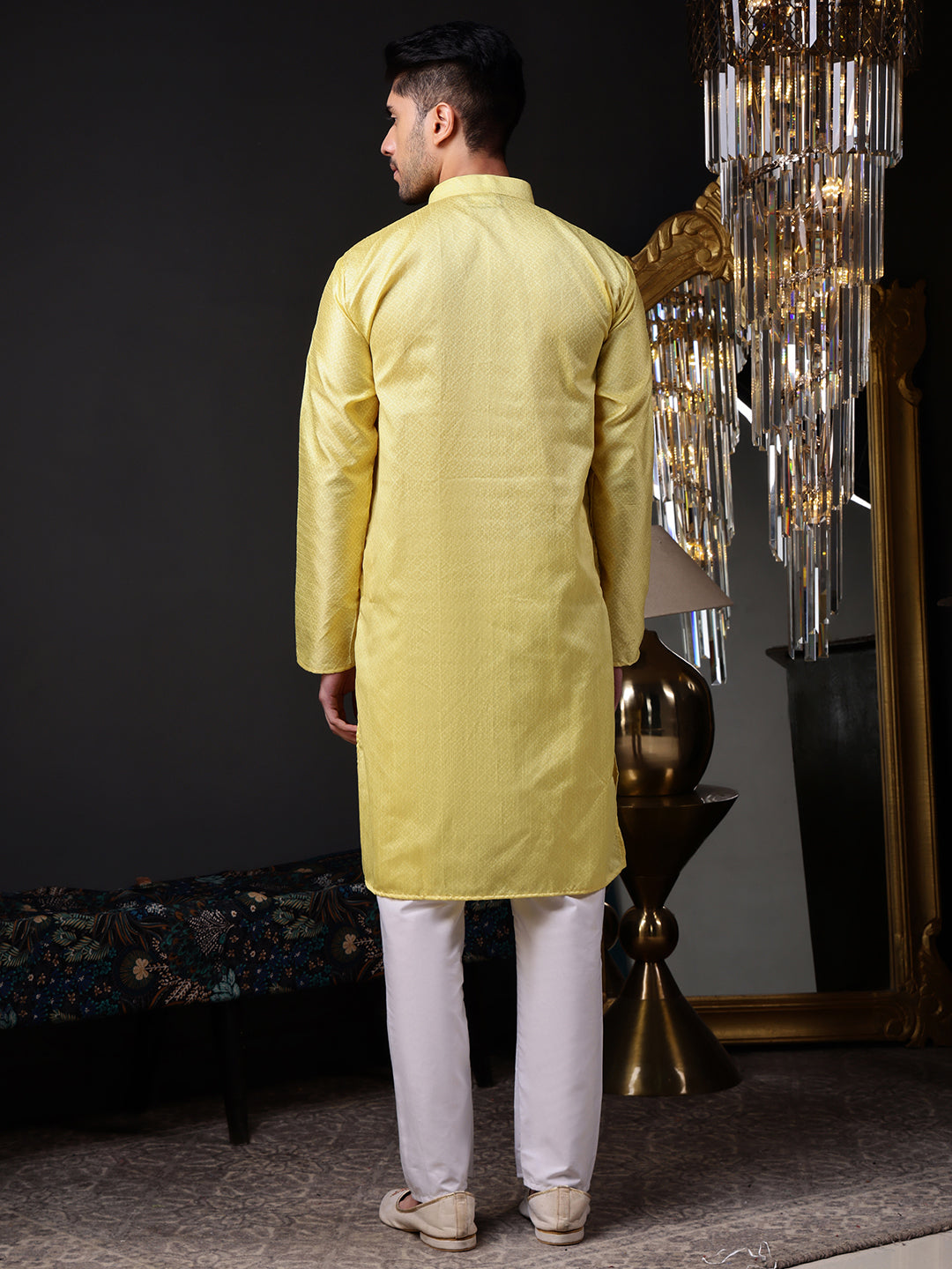 Yellow Jacquard Kurta with Mirror Work