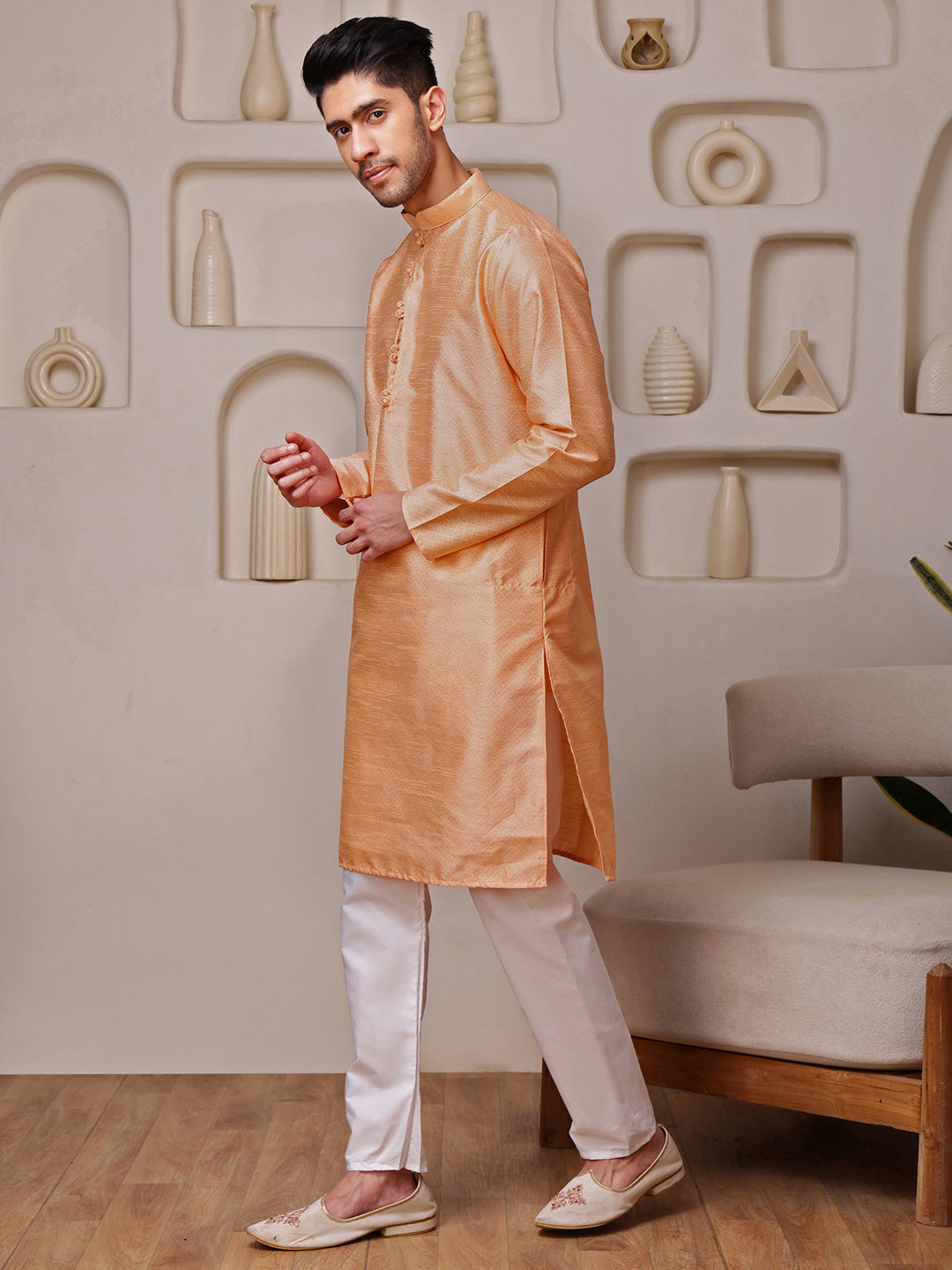 Peach Jacquard Kurta with Diamond Pattern