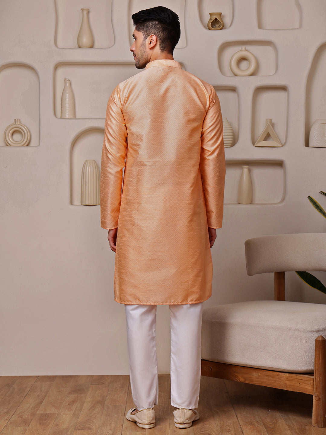 Peach Jacquard Kurta with Diamond Pattern