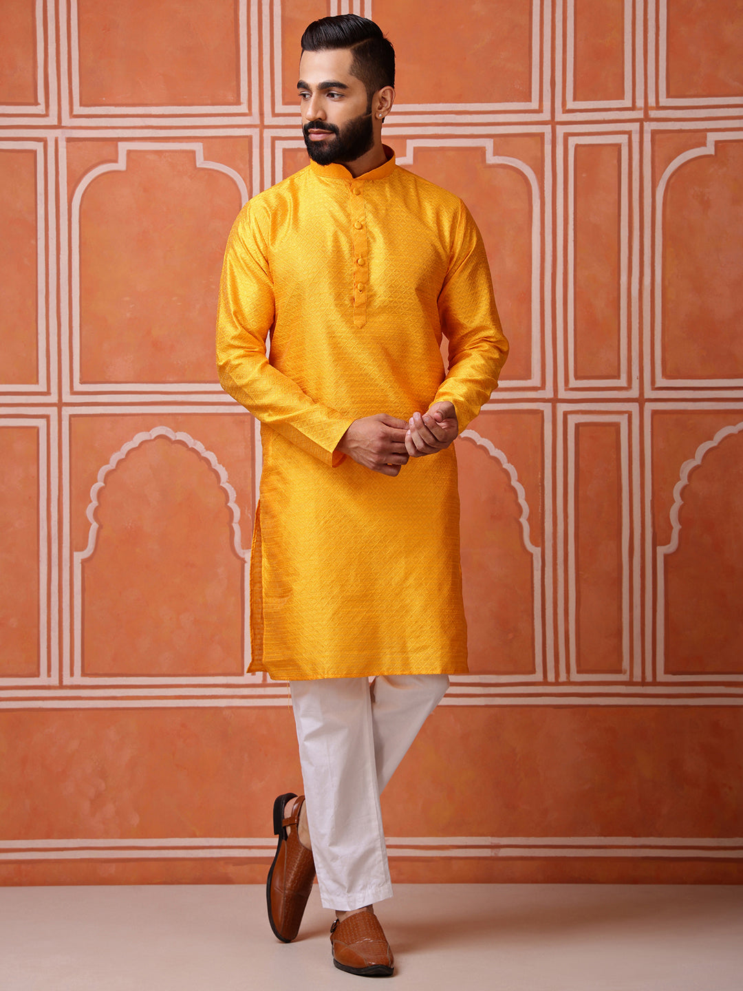 Yellow Jacquard Kurta with Diamond Pattern