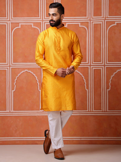 Yellow Jacquard Kurta with Diamond Pattern