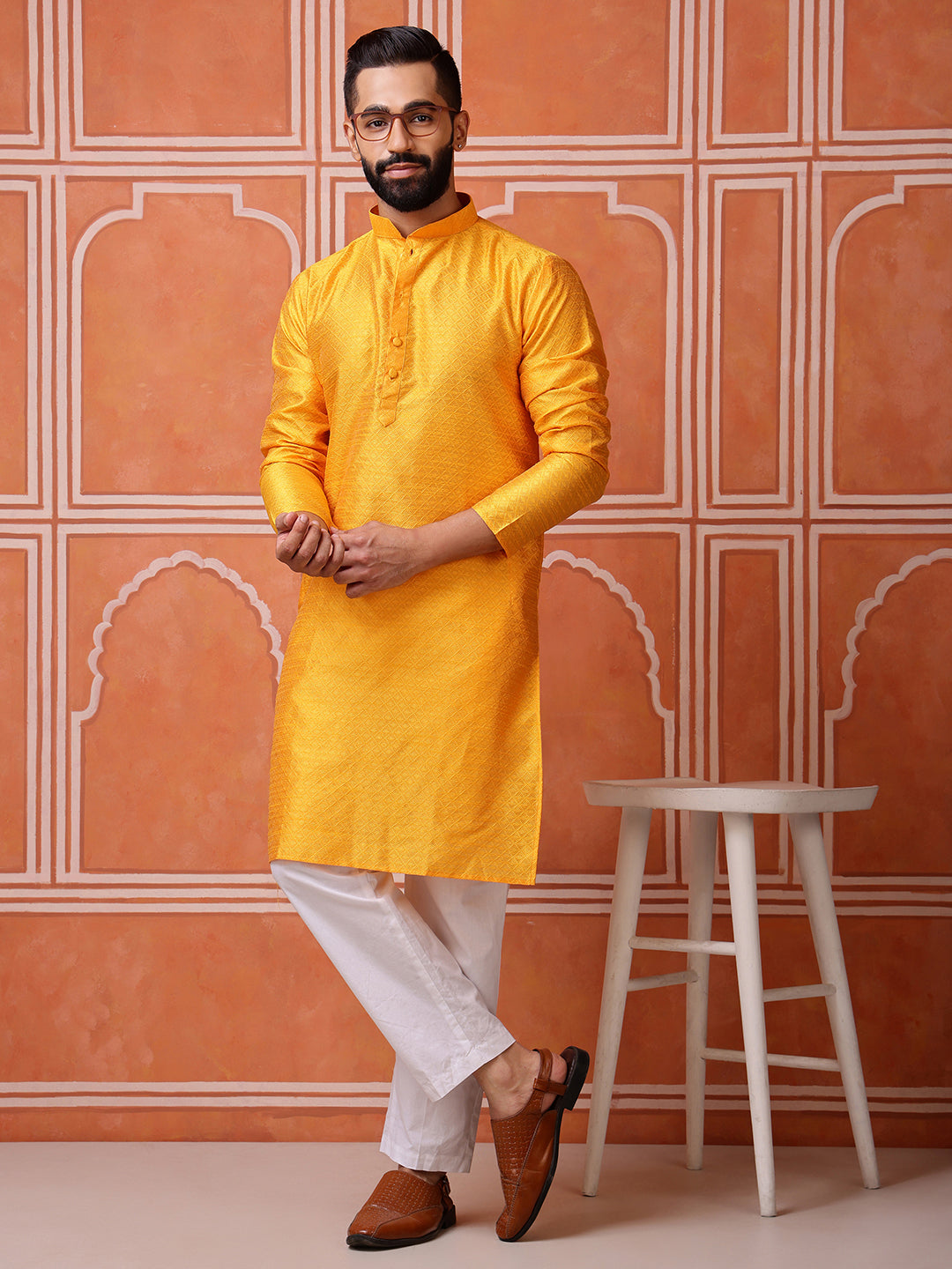 Yellow Jacquard Kurta with Diamond Pattern