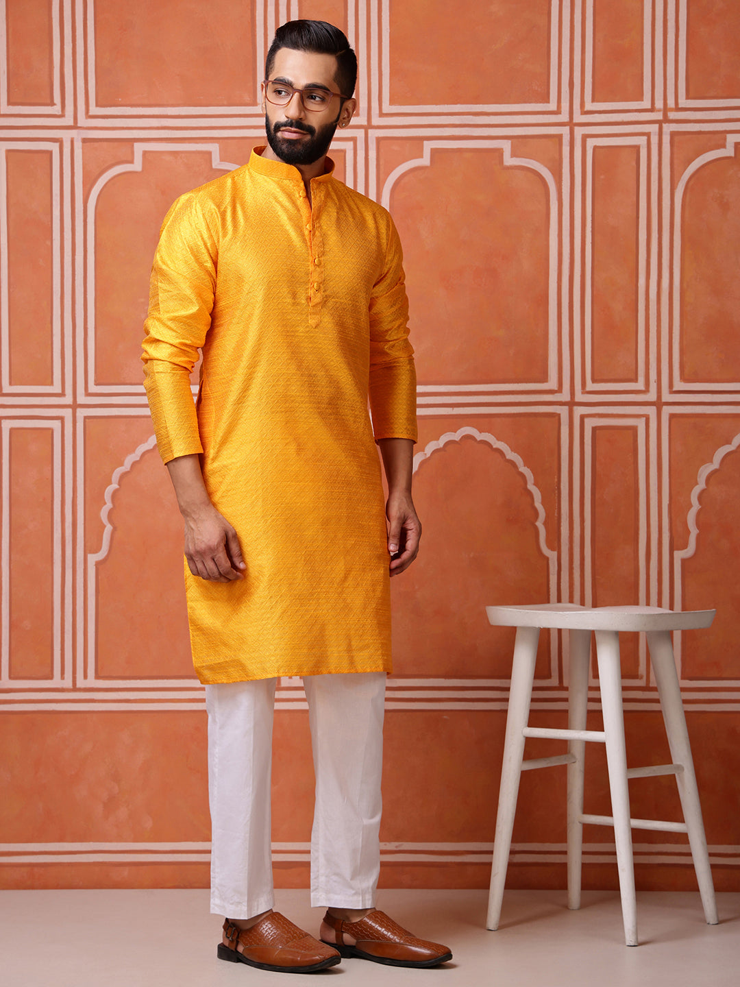 Yellow Jacquard Kurta with Diamond Pattern