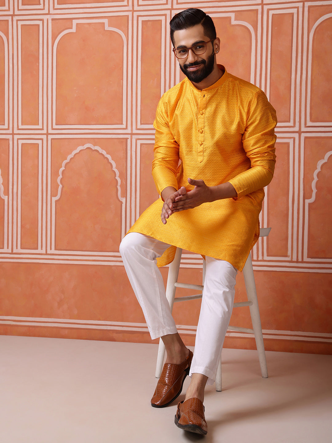 Yellow Jacquard Kurta with Diamond Pattern