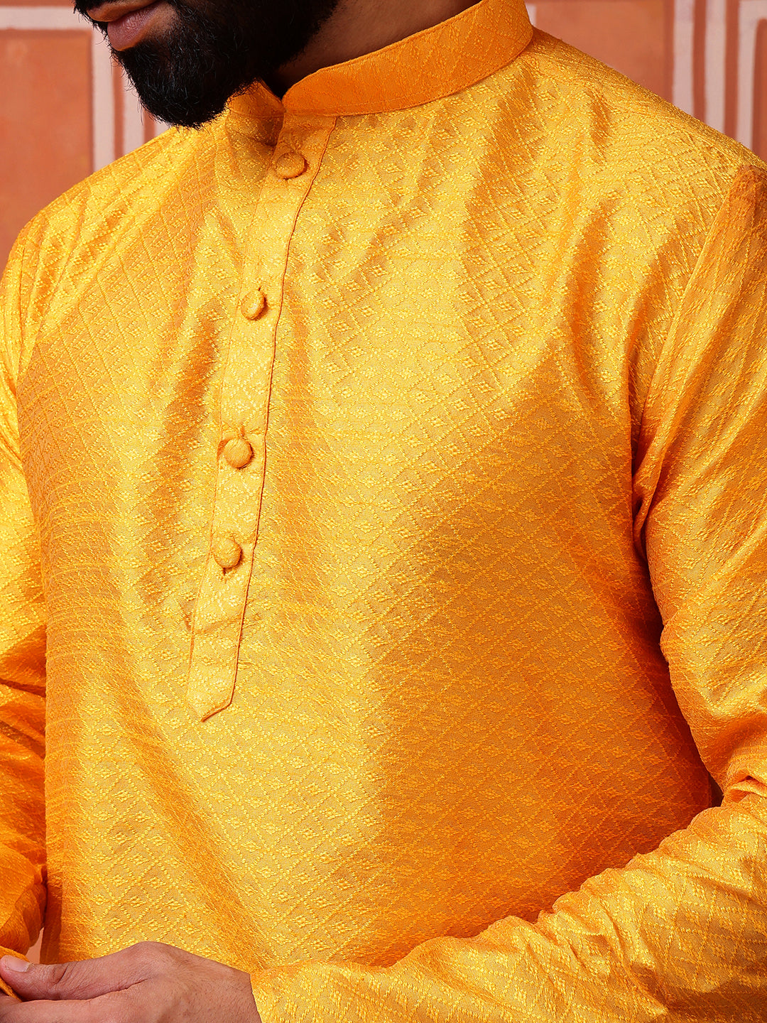 Yellow Jacquard Kurta with Diamond Pattern