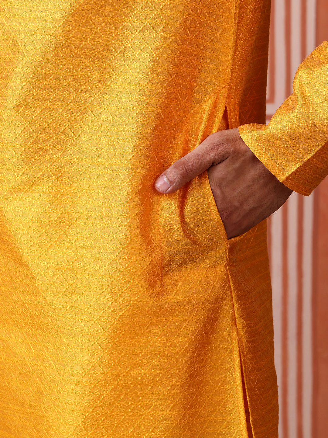 Yellow Jacquard Kurta with Diamond Pattern