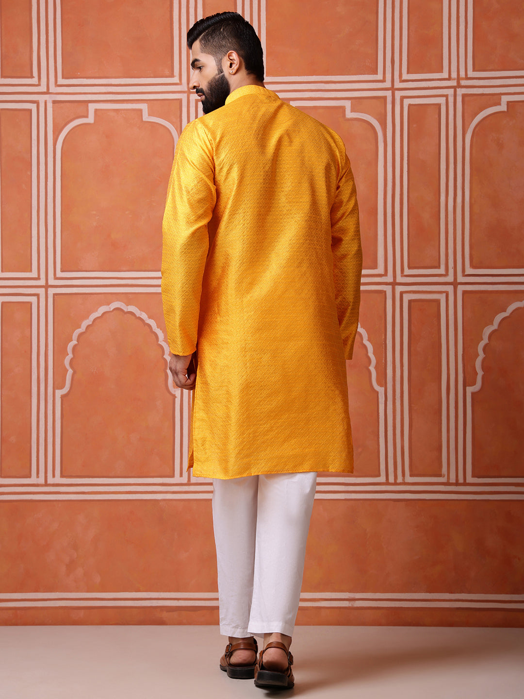 Yellow Jacquard Kurta with Diamond Pattern